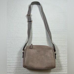 Bostanten Tan Crossbody Bag with Adjustable Woven Print Strap.
